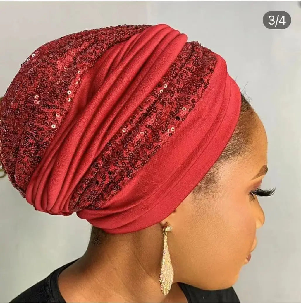 Shining Sequins African Turban Cap Female Head Wraps Muslim Headscarf Bonnet Hijab Hat Nigeria Wedding Party Headpiece - NamafadStore