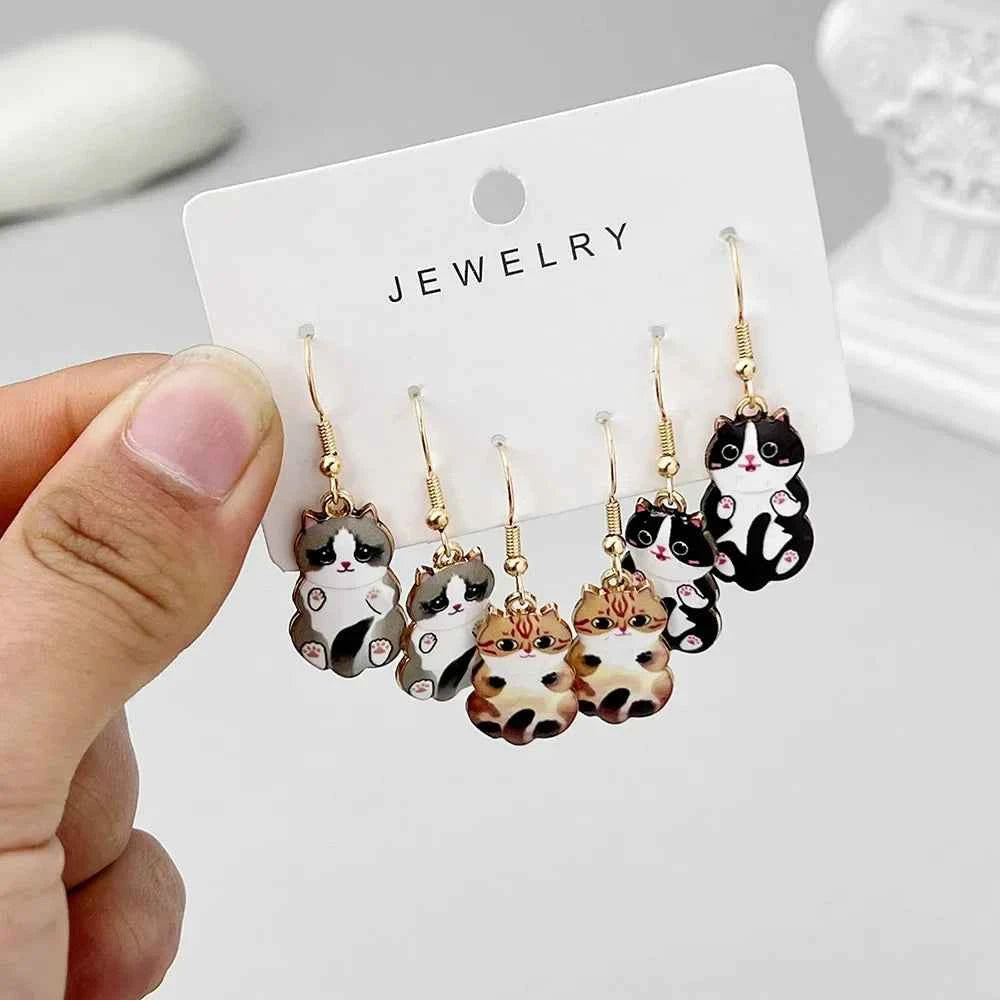 3 Pairs New Fun and Cute Enamel Alloy Hanging Tail Cat Dangle Earrings Colored Cat Ear Jewelry Set Lovely Gift For Women Girls