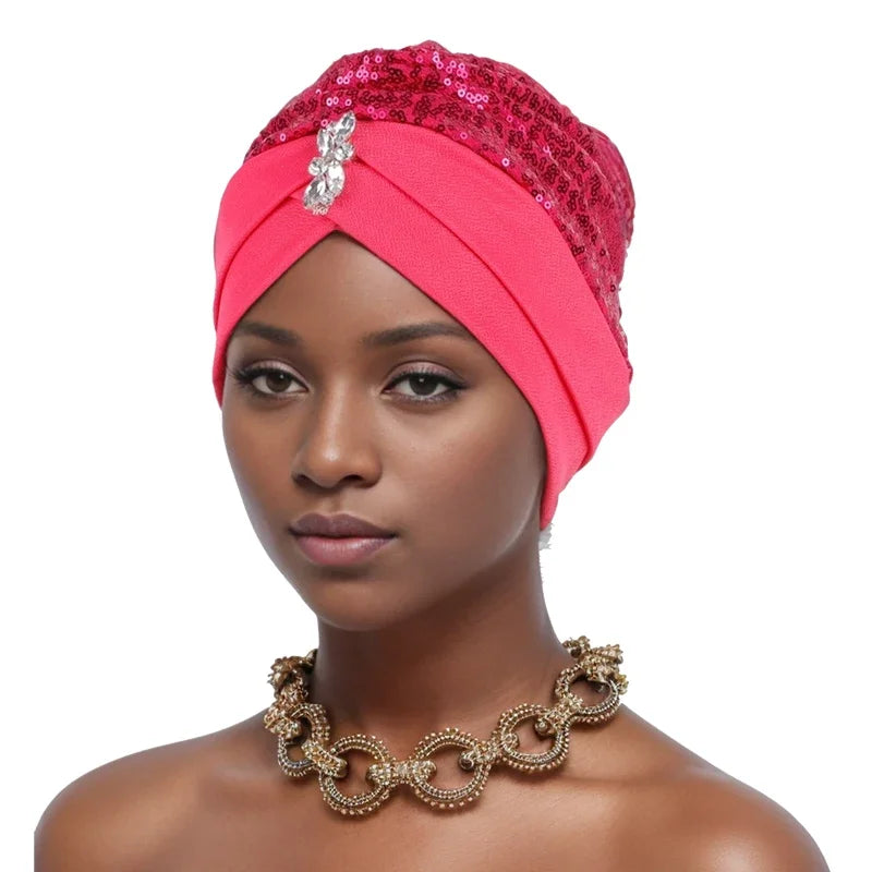 Muslim Headscarf Cap Lady Headwrap Hat Turbante Mujer Sequins Turban Cap for Women Cross Forehead Wrap Head Bonnet - NamafadStore