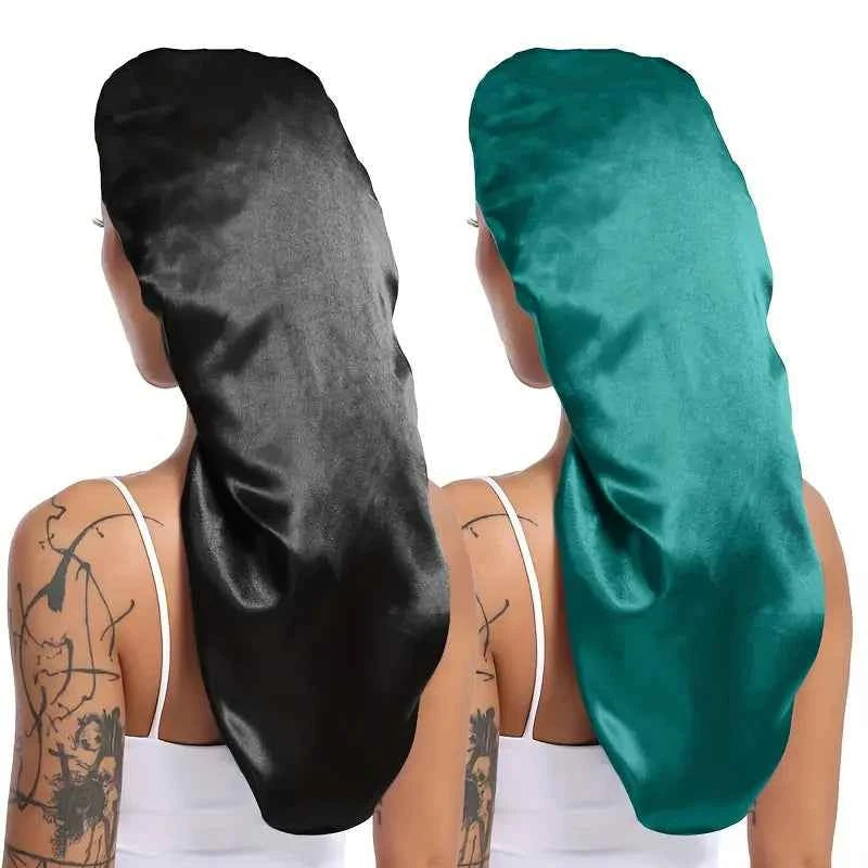 2pc Long Silky Sleep Bonnet For Straight Curly Hair, Extra Large Hair Bonnets For Dreadlock And Braids, Satin Sleeping Caps - NamafadStore