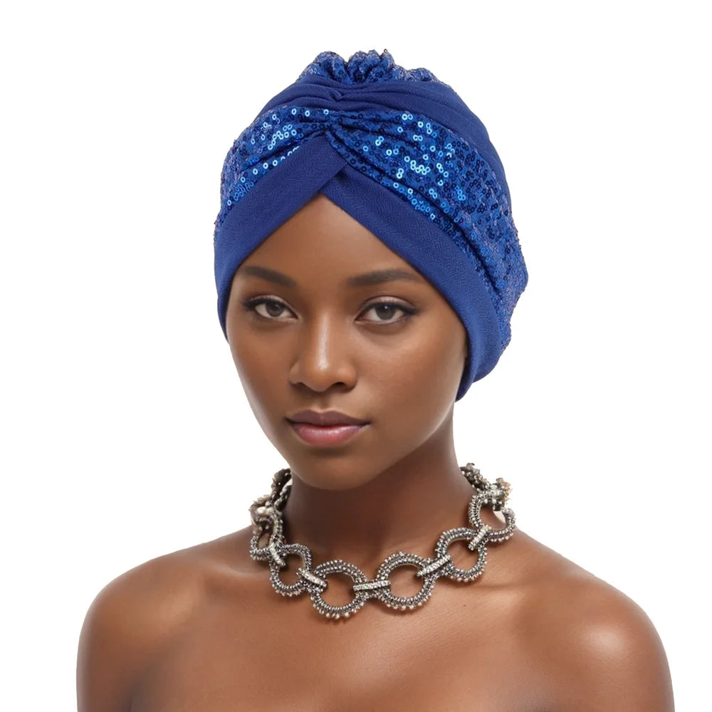 Shining Sequins African Turban Cap Female Head Wraps Muslim Headscarf Bonnet Hijab Hat Nigeria Wedding Party Headpiece - NamafadStore