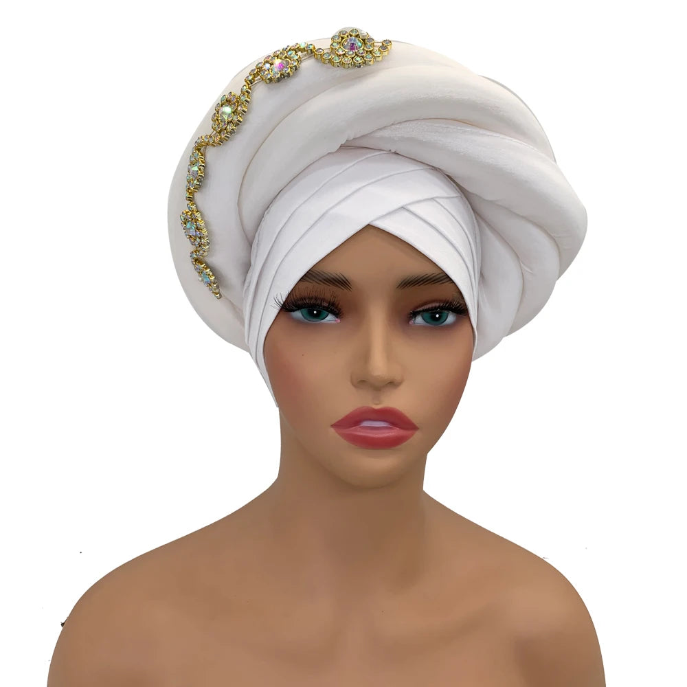Twisted Braid Turban Cap for Women African Lady Head Wraps Diamonds Nigeria Raw Silk Autogele Headtie Muslim Hat Party Headwear - NamafadStore