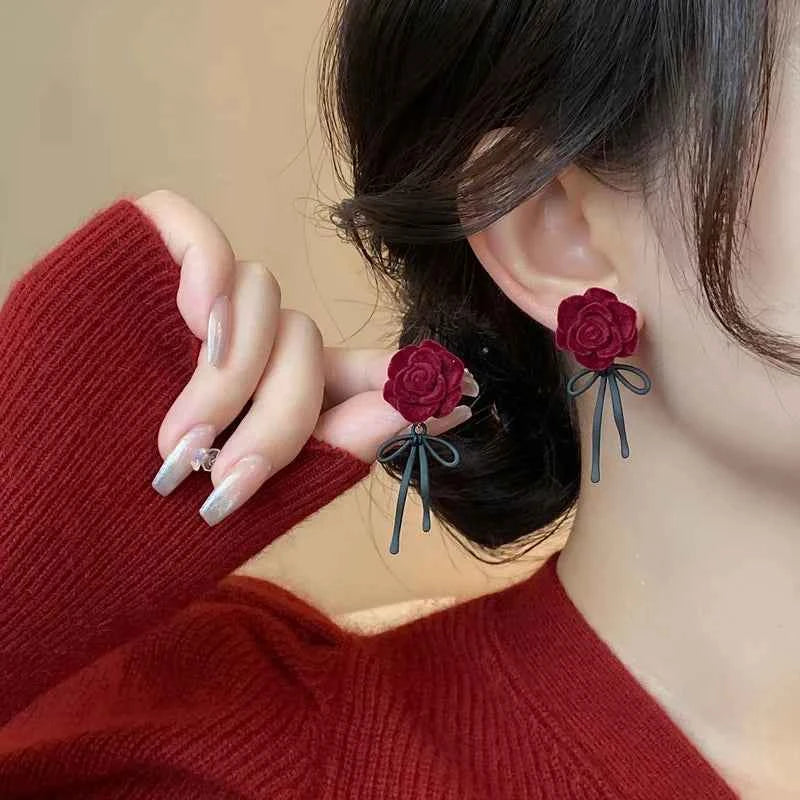 New Retro Flocking Flower Bow Earrings Luxury Roses Fashion Earings for Women Jewelry