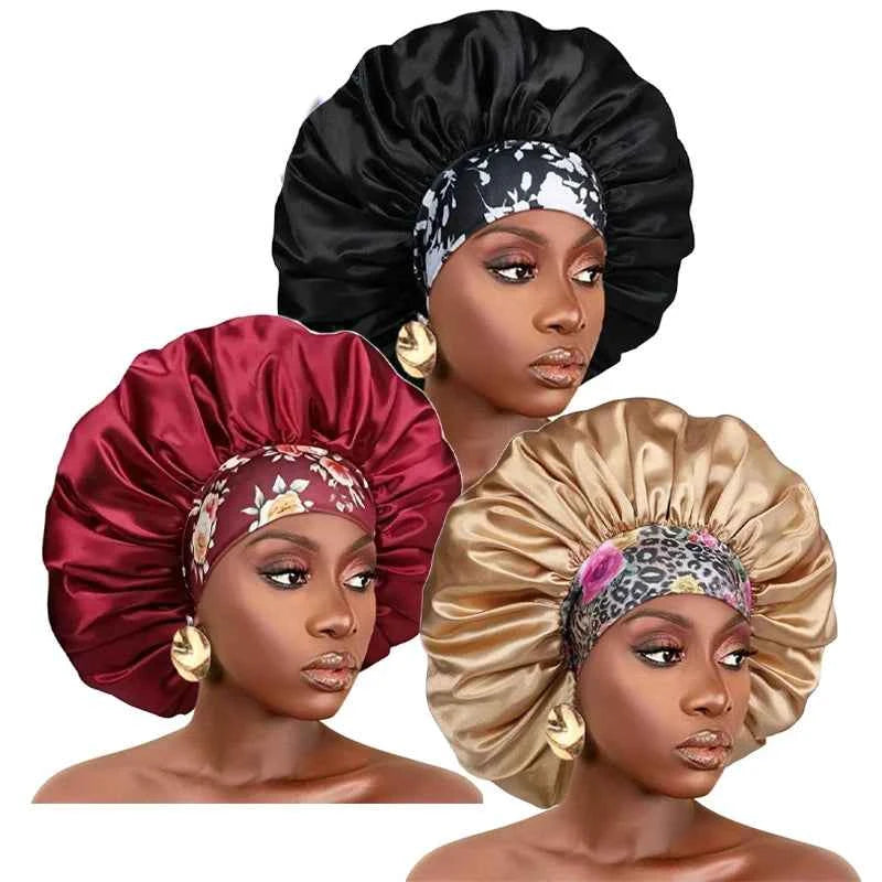 3PCS/LOT Extra Large Satin Sleep Caps For Women Hair Bonnets for Sleeping Braids Curly Night Cap Bath Shower Cap Accessories - NamafadStore