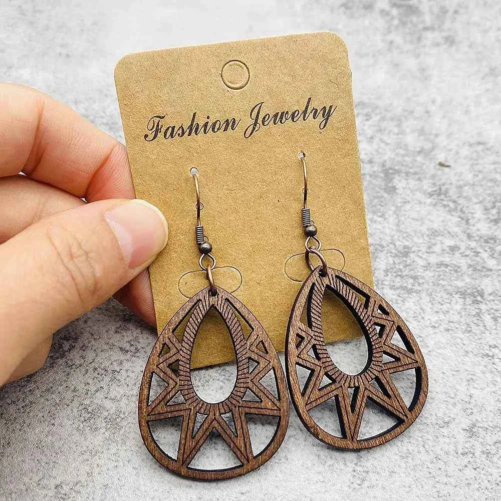 Vintage Hollowed Out Wooden Earrings Fashionable  Bohemian Style Creative Geometric Earrings Set for Women's Daily Wear