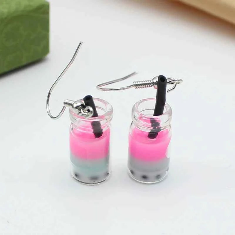 Trend Creative Funny Three Layers Colored Bubble Milky Tea Pendant Earrings for Women Personality Drink Ear Jewelry Girl Gift