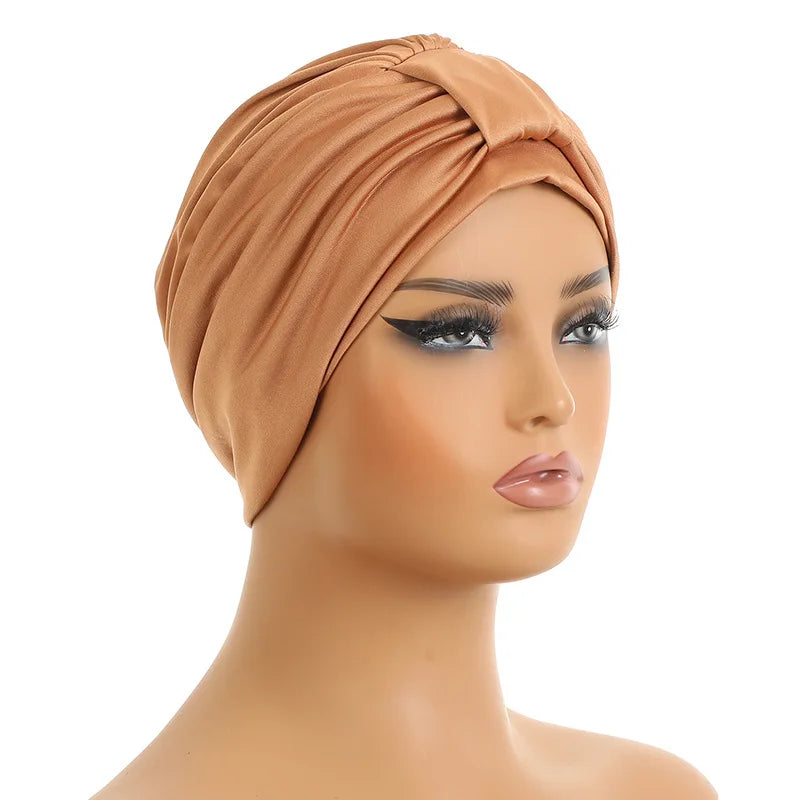 Elastic Top Knotted Women's Turban Cap Muslim Headscarf Hat Female Head Wraps Lady Hair Loss Chemo Cap Daily Bandana Beanie