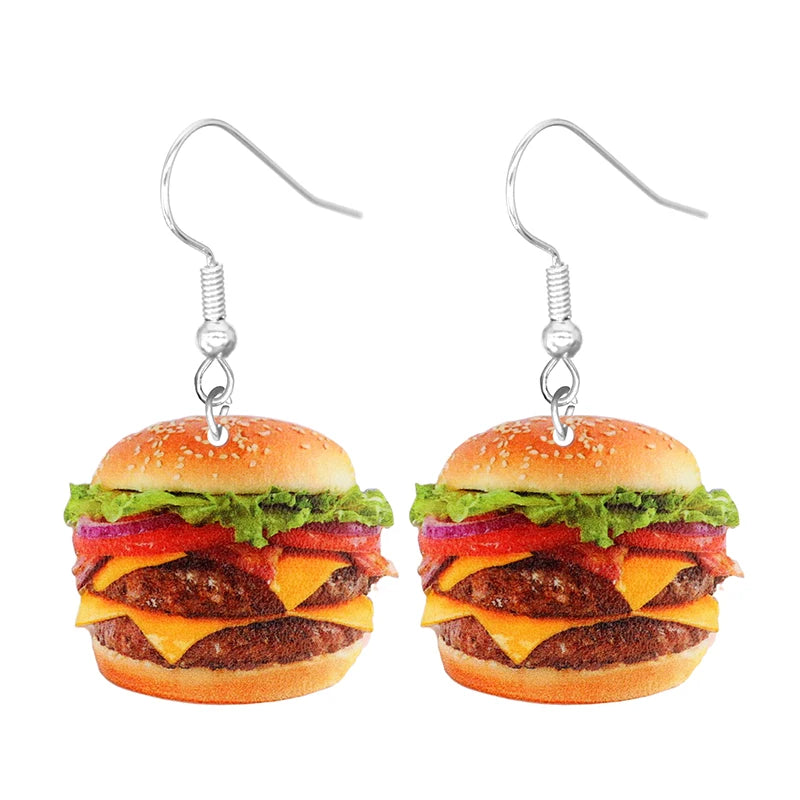 Food Earring 2D Handmade Cute Interesting Taco Corn Crunchy Burger Biscuits French Fries Ice Cream Cheese Cute
