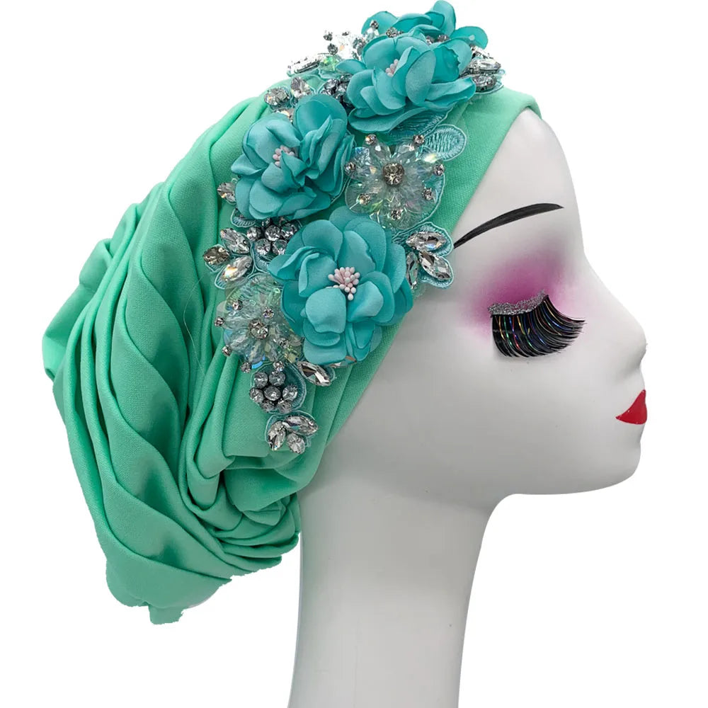 Elegant Flower Diamonds Women's Turban Cap African Party Headwear Hat Lady Head Wraps Muslim Headscarf Hats Turbante Mujer - NamafadStore