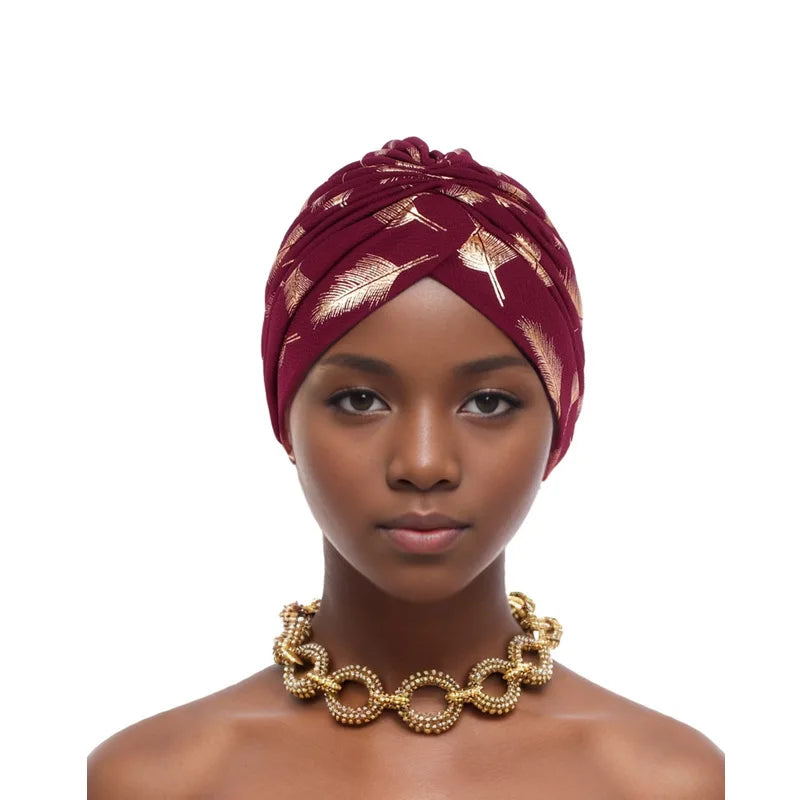 Feather Gold Stamping Fabric Turban Cap for Women African Wrap Head Bonnet Muslim Under Scarf Hat Turbante Mujer - NamafadStore