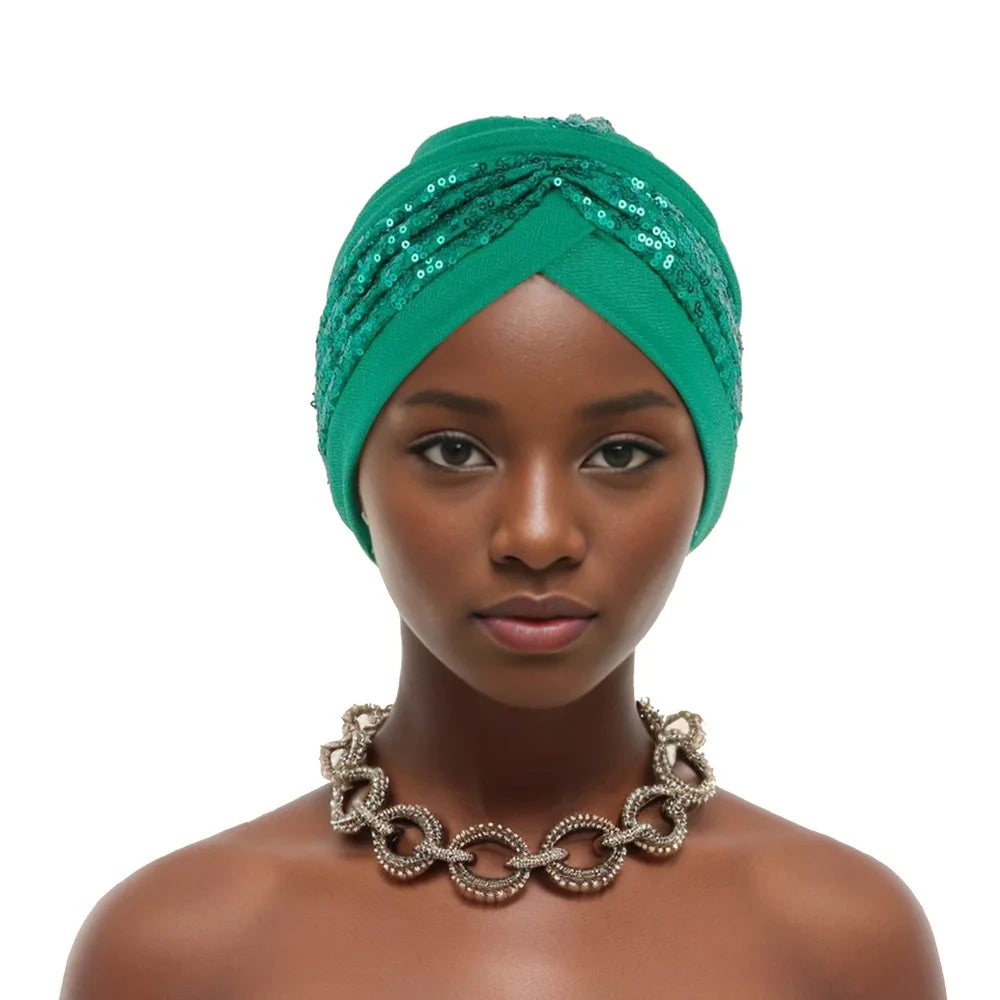 Shining Sequins African Turban Cap Female Head Wraps Muslim Headscarf Bonnet Hijab Hat Nigeria Wedding Party Headpiece - NamafadStore