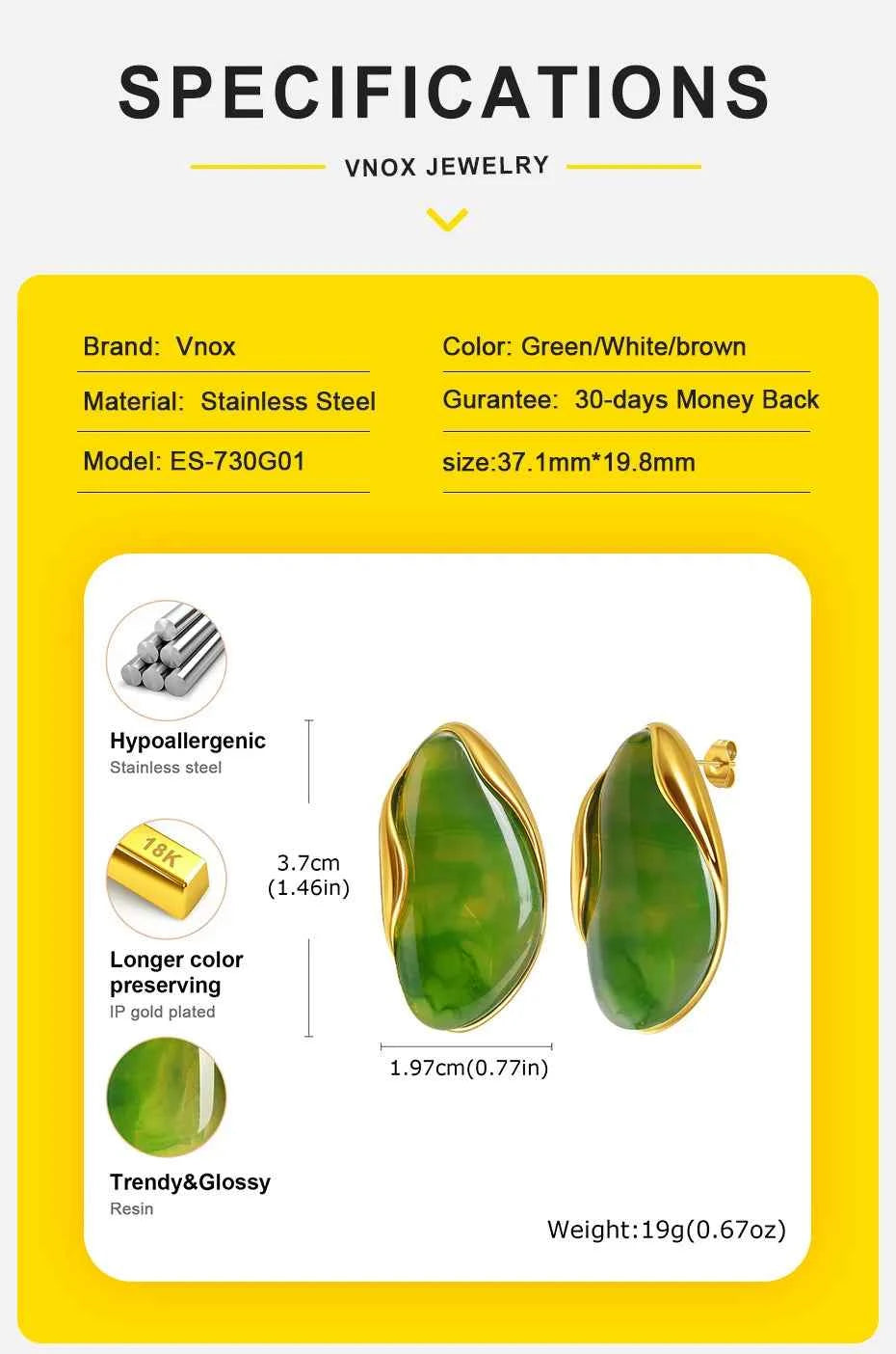 Vnox 2025 Autumn New Brown Resin Geometric Stud Earrings,Stainless Steel 18k Gold-plated Ear Needle,Piercing Jewelry For Women