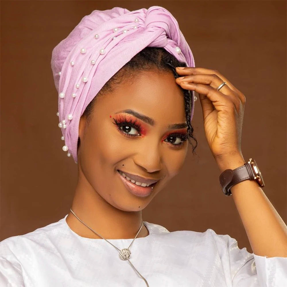 2024 Suede Twisted Turban Cap for Women Beading Head Wraps Bonnet Muslim Headscarf Hat Lady Wrap Head Scarf - NamafadStore
