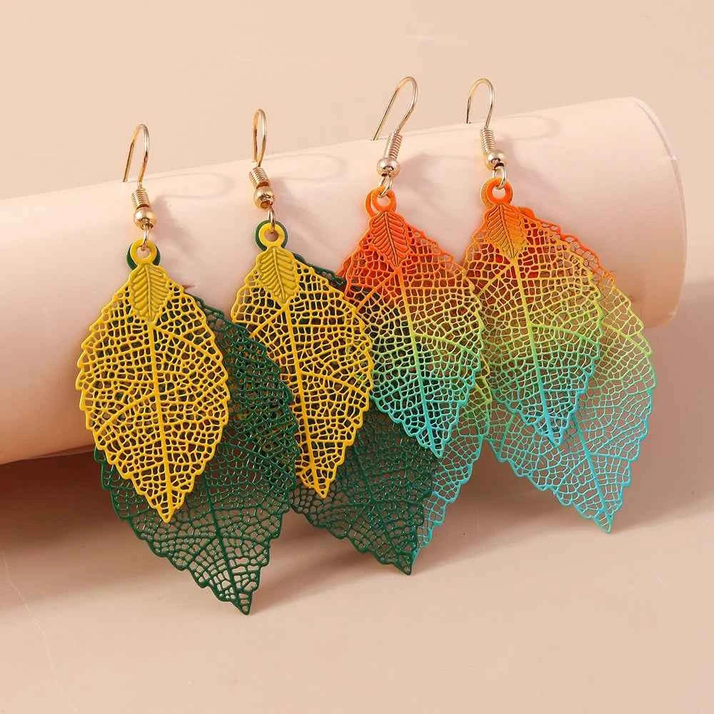 Colorful Bohemia Hollow Double Leaf Drop Earrings for Women Girls Dangle Earrings Party Holiday Jewelry Gifts