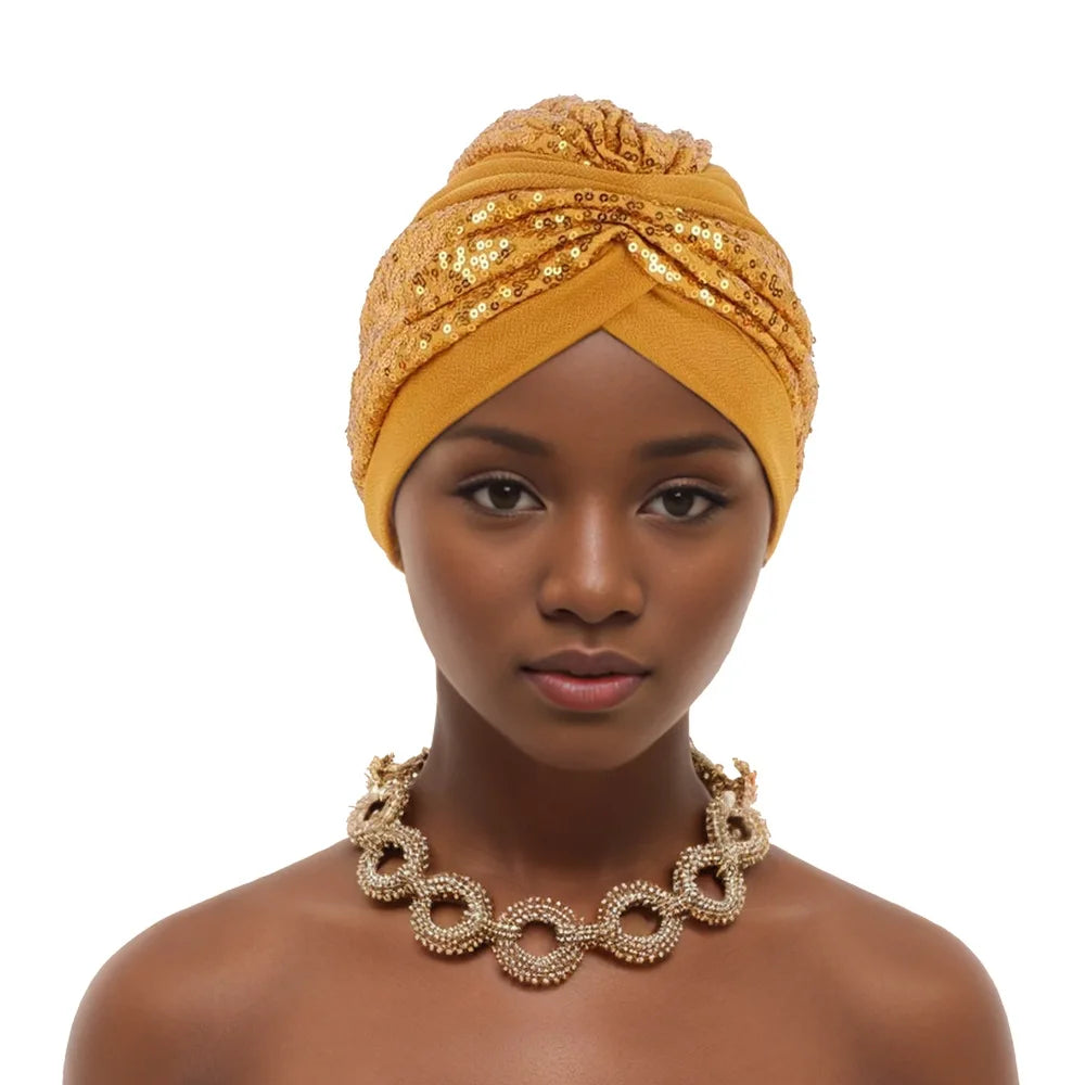 Glitter Sequins Ruffle Turban Cap Elegant Women Headscarf Bonnet Female Head Wraps Nigeria Wedding Party Headgear Headpiece