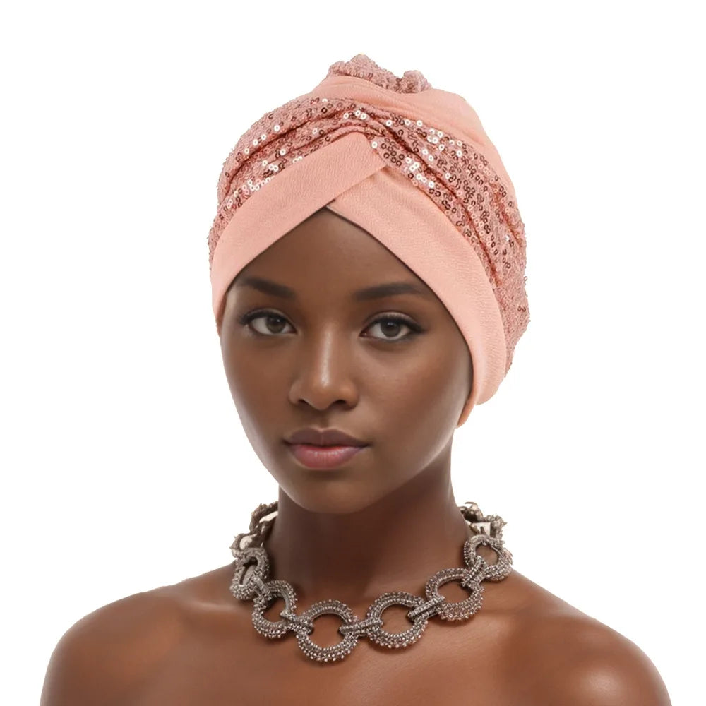 Shining Sequins African Turban Cap Female Head Wraps Muslim Headscarf Bonnet Hijab Hat Nigeria Wedding Party Headpiece - NamafadStore