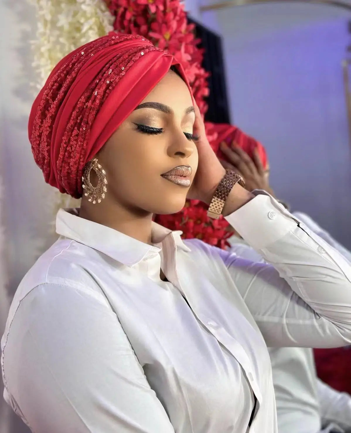 Glitter Sequins Ruffle Turban Cap Elegant Women Headscarf Bonnet Female Head Wraps Nigeria Wedding Party Headgear Headpiece