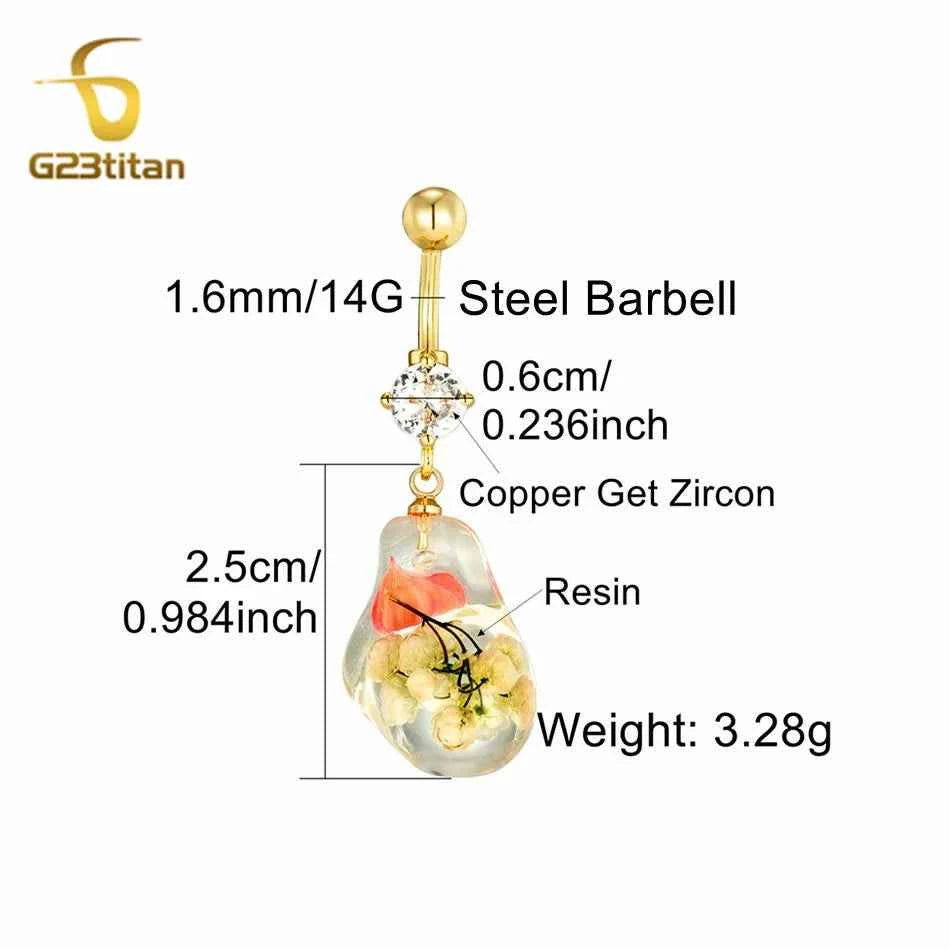 Transparent Resin Flower Charm Dangle Belly Button Ring 14G Allergy Free Titanium Bar Navel Piercing Women Summer Beach Jewelry