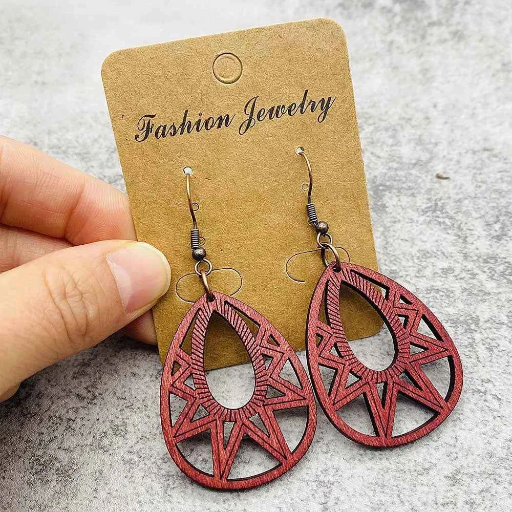 Vintage Hollowed Out Wooden Earrings Fashionable  Bohemian Style Creative Geometric Earrings Set for Women's Daily Wear