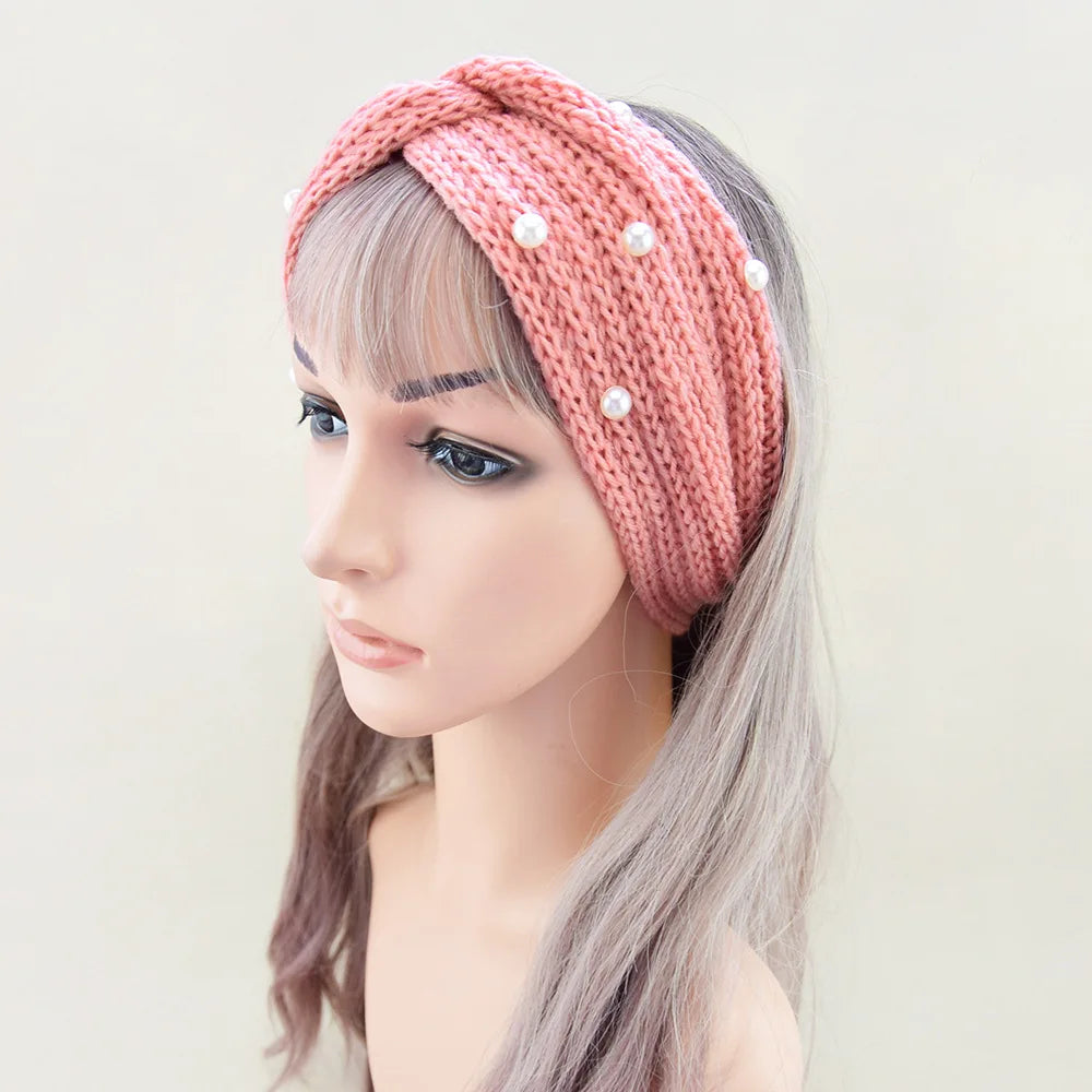 Fashion Pearls Knitted Headband Women Cross Knotted Hair Bands Autumn Winter Ear Warmer Protectors Wide Turban Hair Accessories - NamafadStore