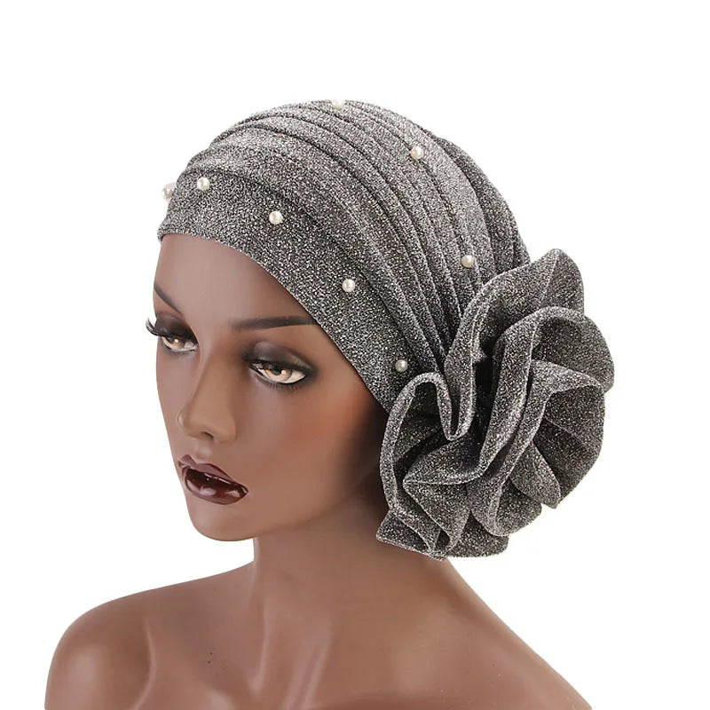 Summer Beading Flower Women's Turban Caps Stretchy Female Headwrap Bonnet Cancer Headwear Muslim Turban Hijabs Islamic Headscarf - NamafadStore