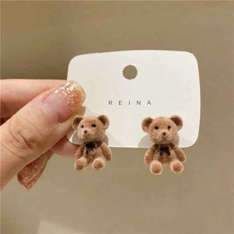 New Design Cute Flocking Plush Rabbit Stud Earrings for Women Korean Fashion Brown Animal Bear Earring Jewelry Party Girls Gift