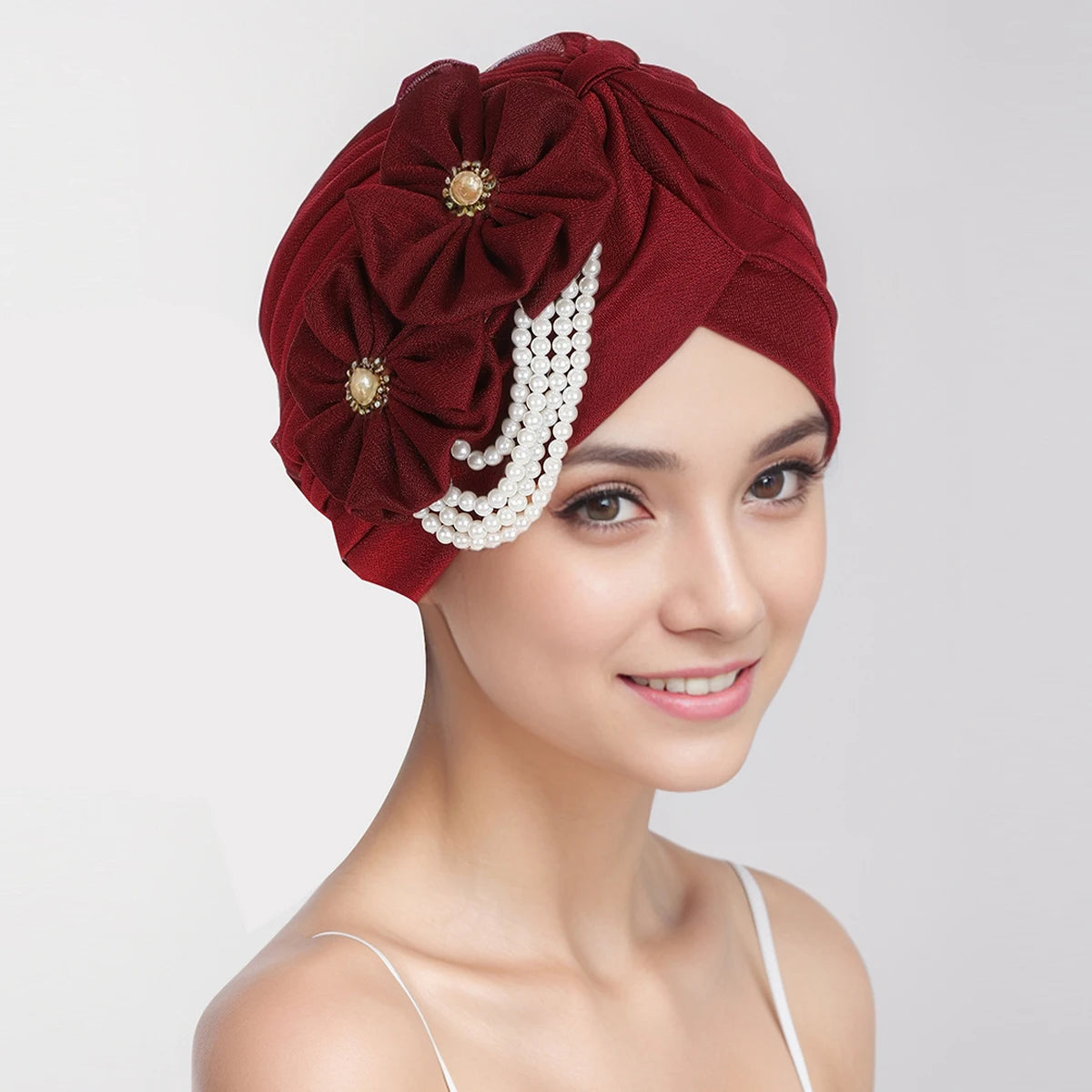 Pearls Beading Turban Cap for Women Flower Design Female Head Wraps Muslim Headscarf Bonnet Hairloss Hat Cover - NamafadStore