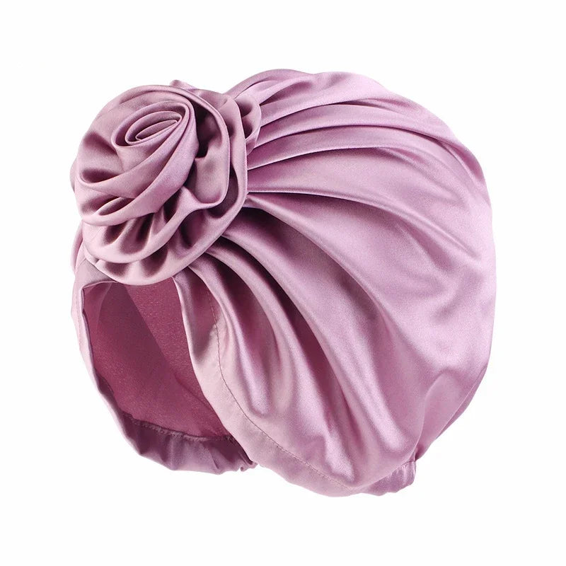 Big Flower Muslim Women Turban Satin Head Wrap Hijab Sleep Night Hat Chemo Cap Indian Elastic Beanie Ladies Hair Loss Headwear - NamafadStore