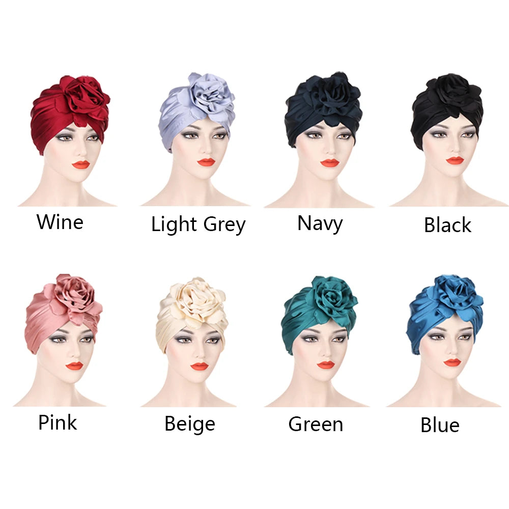 Big Flower Muslim Women Turban Satin Head Wrap Hijab Sleep Night Hat Chemo Cap Indian Elastic Beanie Ladies Hair Loss Headwear - NamafadStore