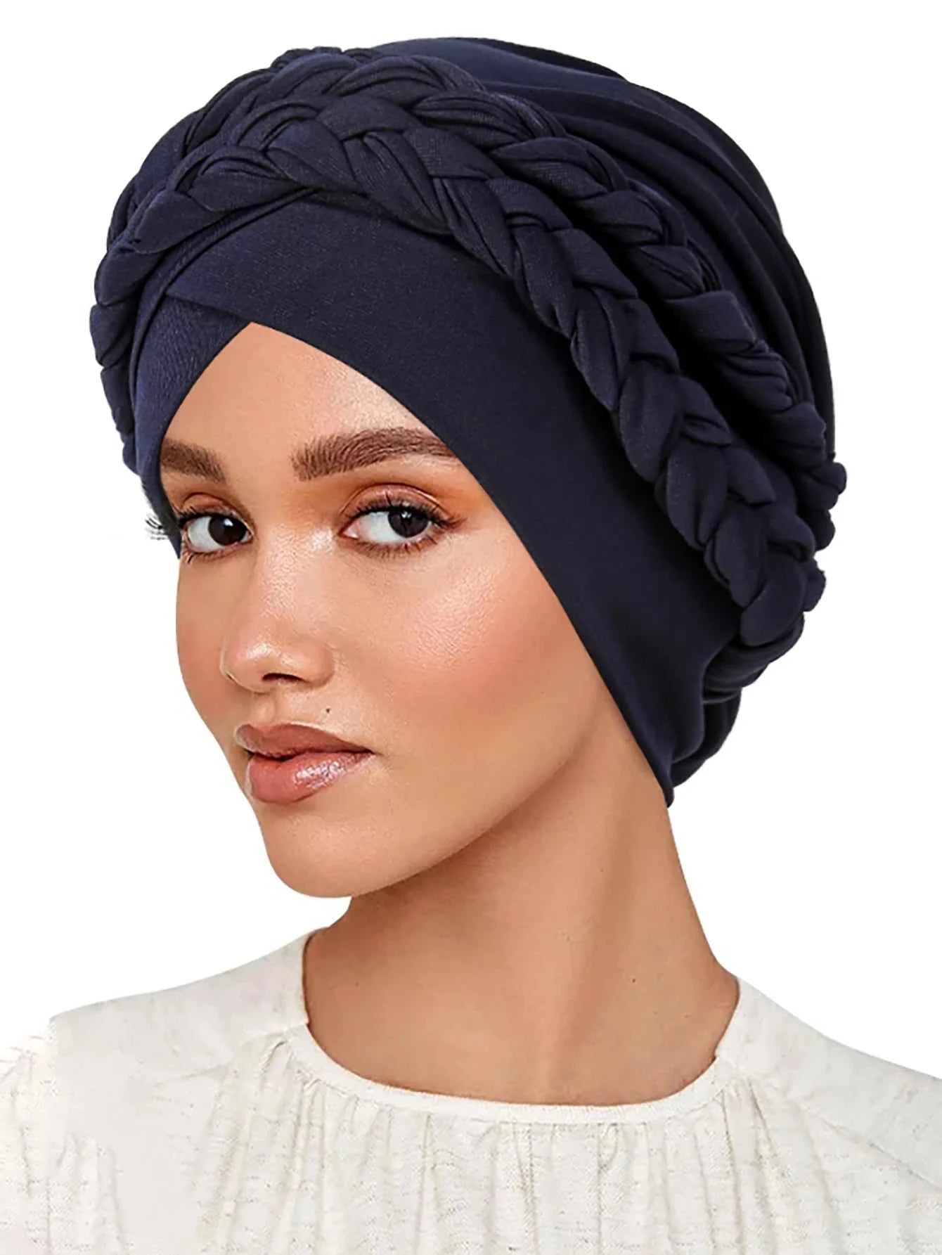 Trendy Braid Muslim Turban Cap Solid Color Women Hijabs Islamic Chemo Cap Head Scarf Ladies Head Wrap Cover Hijab Scarf