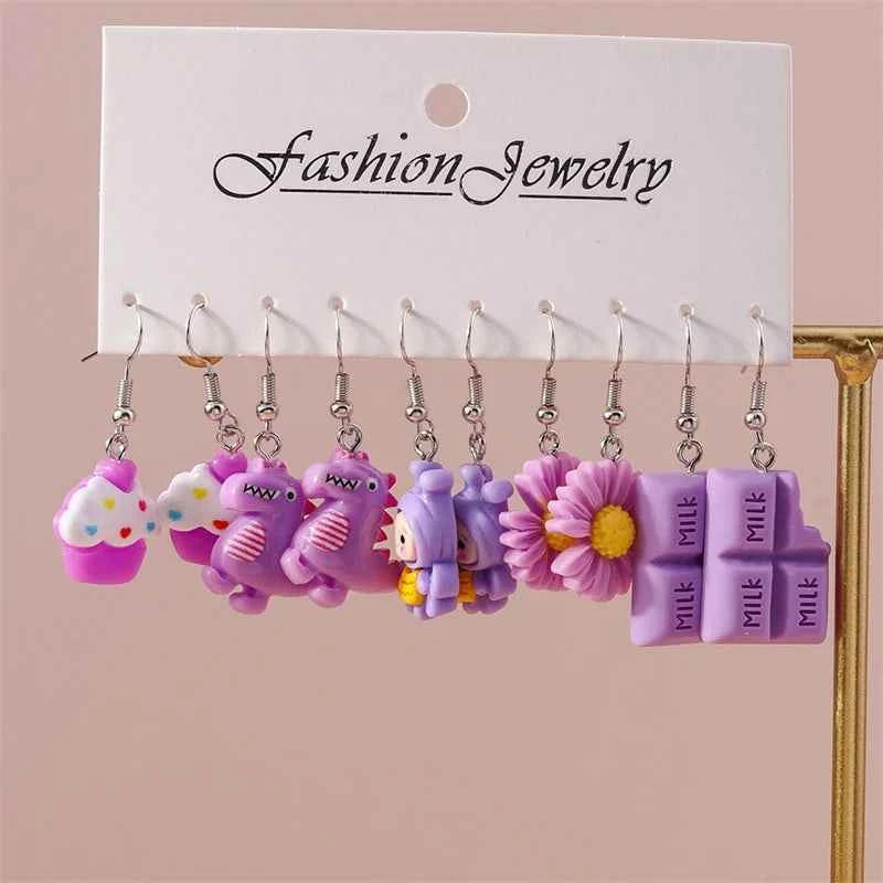 5Pairs/Set Fashion Flower Drop Earrings for Women Resin Heart Animal Dangle Hooks Earrings Girls Party Holiday Jewelry Gifts