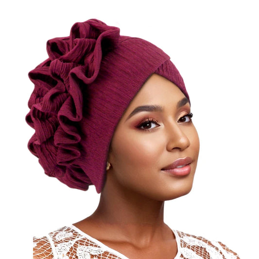 New Muslim Ruffle Flower Elegant Turban Hat for Women Bonnet Solid Hat Elastic Islam Beanies Hats Ramadan Chemo Cap - NamafadStore