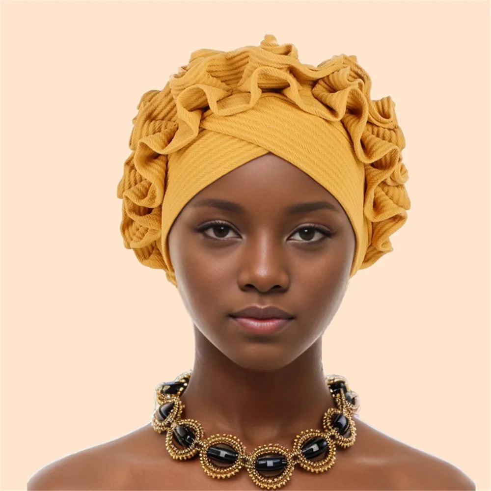 Ruffled Turban Cap Women's Head Wraps Soft Comfortable Headscarf Bonnet Lady Soild Color Headgear - NamafadStore