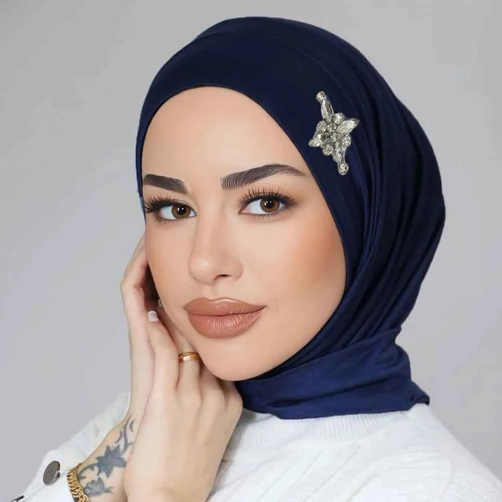 Ready to Wear Instant Hijab with Crystal Flower Full Cover Inner Instant Jersey Scarf With Tie Back Buttons Muslim