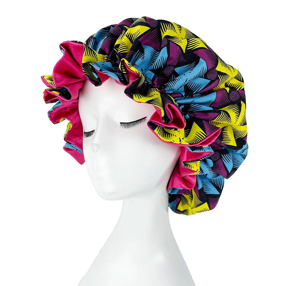 African Pattern Print Bonnet Hijabs Hat Women Night Sleep Cap Double Layer Satin Turban Extra Large Head Wear Lady Head Wrap Hat - NamafadStore