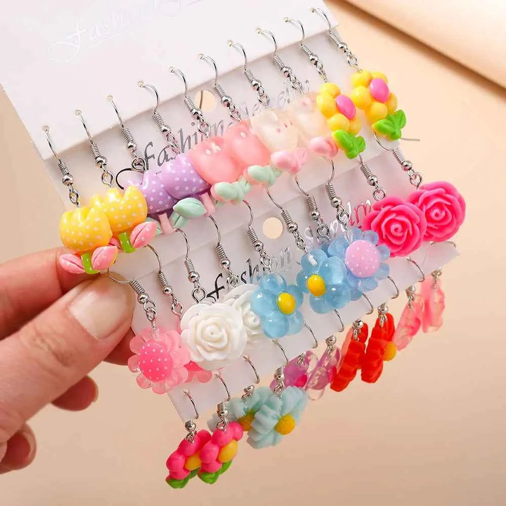 Cute 5 Pairs Flower Earrings for Women Girls Colorful Dangle Drop Earrings Handmade Kids Jewelry Gifts