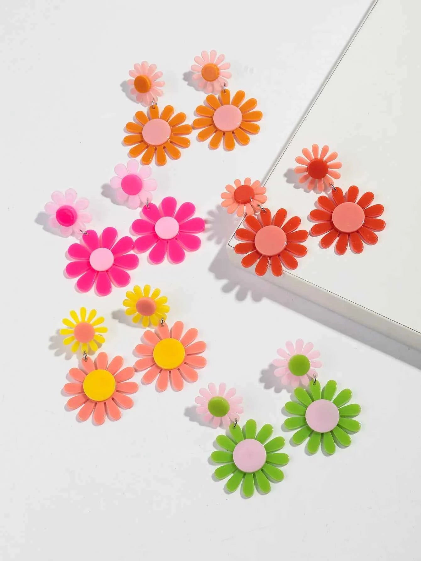 Boho Colorful Acrylic Sunflower Women's Earrings 2024 Trendy Geometric Daisy Flower Long Drop Earring Cute Simple Jewelry Gifts