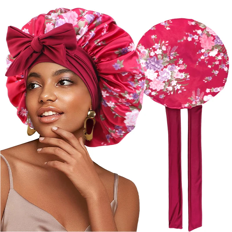 New Flower print Silky Bonnet For Sleeping Satin Hair Bonnet With Tie Band Hair Cover Night Shower Cap For Natural Curly Hair - NamafadStore