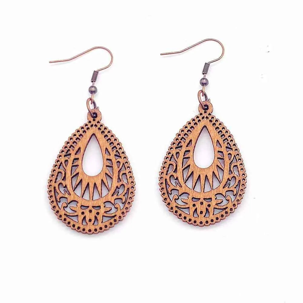 Vintage Hollowed Out Wooden Earrings Fashionable  Bohemian Style Creative Geometric Earrings Set for Women's Daily Wear