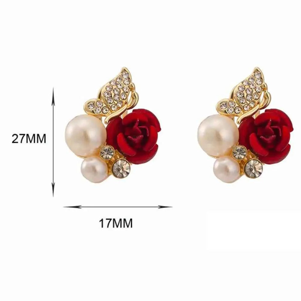 Red Rose Flower Faux Pearl Women Earrings Decor Exquisite Alloy Ear Studs Jewelry Gift for Party Stud Earrings