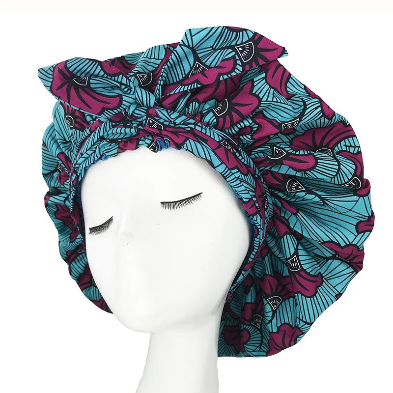 New African Ankara Pattern Satin Linned Bonnet Women Long Ribbon Headwrap Double Layer Headscarf Big Size Adult Hair Cover