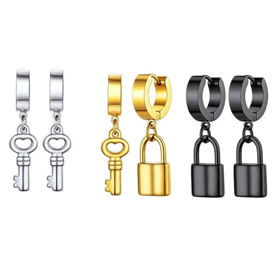 Stainless Steel Charms Dangle Drop Earrings Ankh Cross Padlock Italian Horn Evil Eye Key Lock Rivets Moon Unisex Drop Earrings