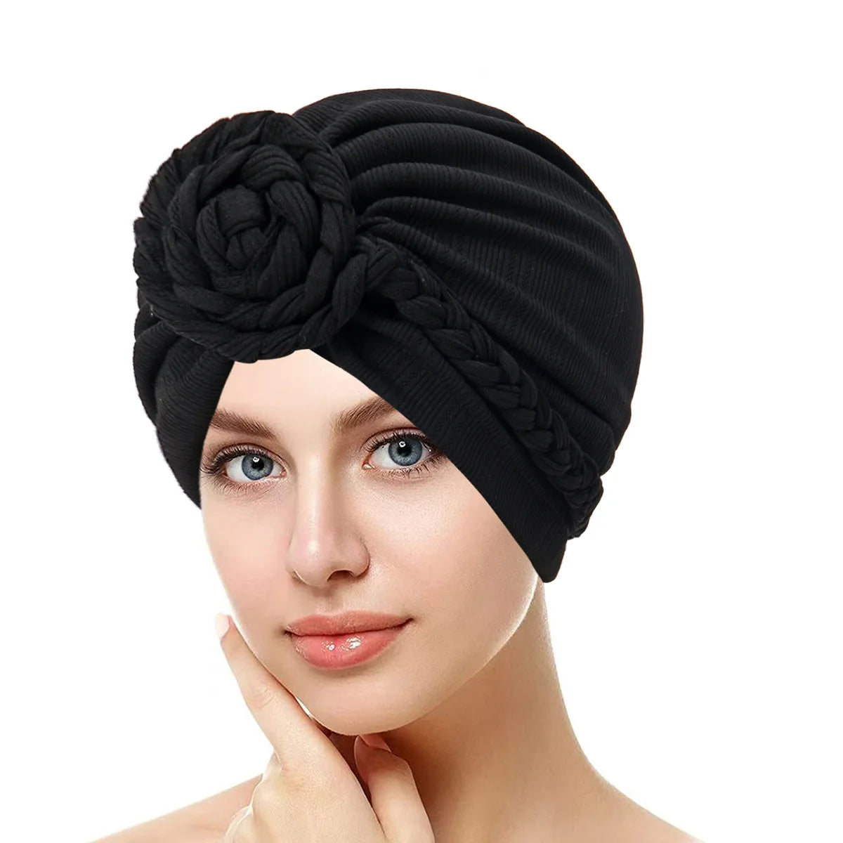 Trendy Crinkle Women's Hijab Solid Color Muslim Ladies Turban Bonnet Flower Decor Ramadan Head Wrap Head Scarf Indian Hat Mujer - NamafadStore