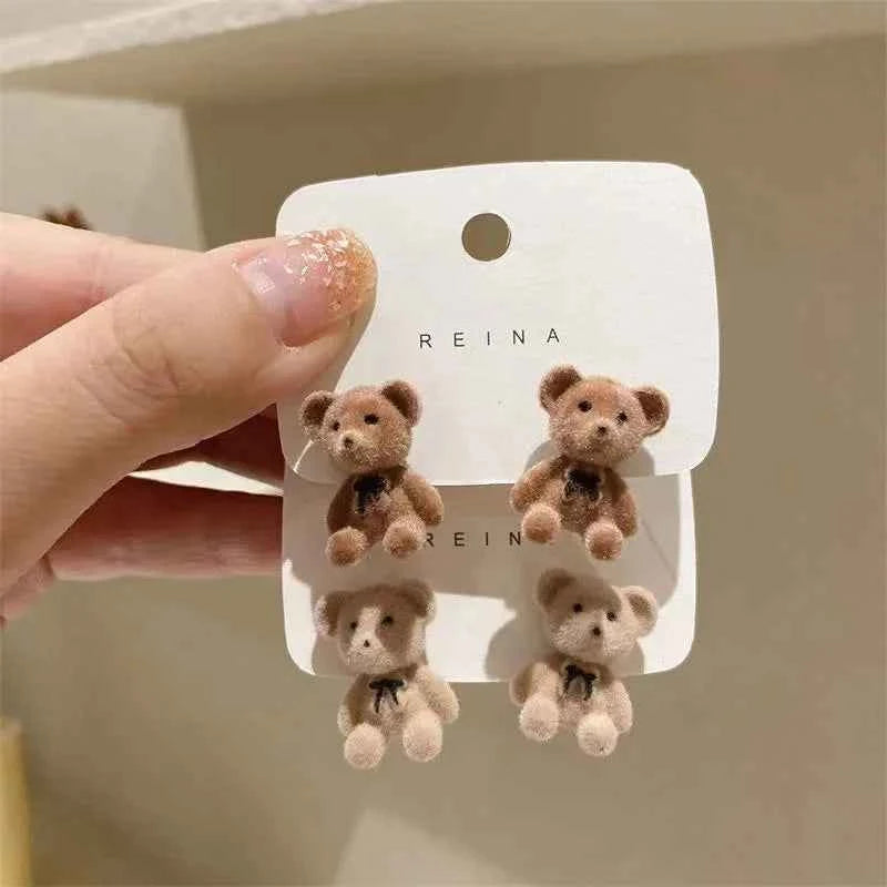 New Design Cute Flocking Plush Rabbit Stud Earrings for Women Korean Fashion Brown Animal Bear Earring Jewelry Party Girls Gift