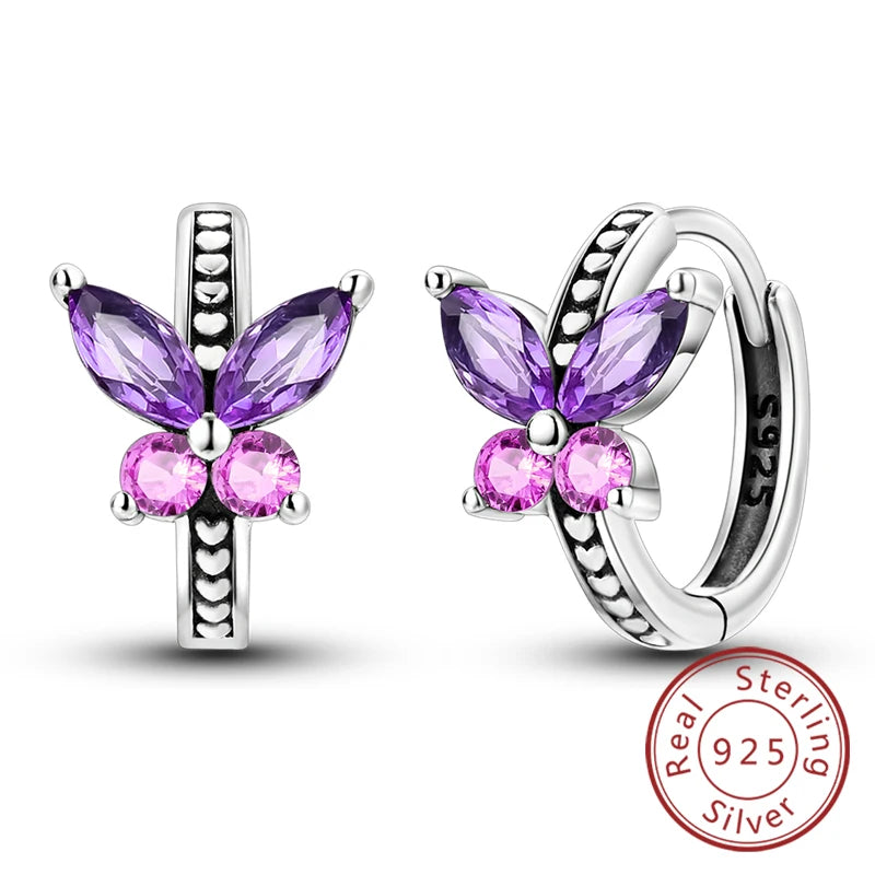 New Original 925 Sterling Silver Hoop Earrings Purple Zircon Flowers Butterflies Studs Earring For Women Wedding Engagement Gift