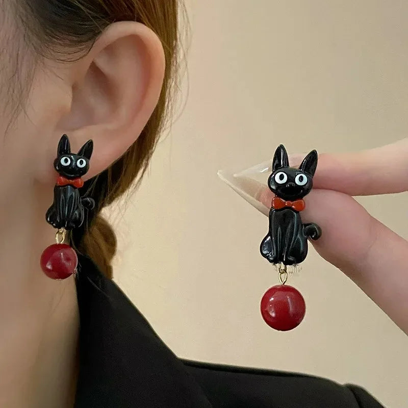 Sweet Cartoon Black Cat Cool Earrings Fashionable Women Girls Personality Temperament Red Pearl Pendant Earrings Simple Gift