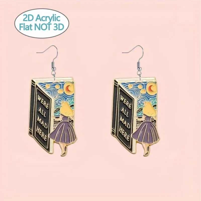 1 pair of art fairy tale book earrings 2D flat Alice image and classic statement casual party acrylic girl student earrings