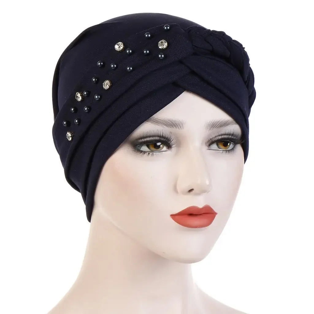 Women Lady Beads Muslim Braid Head Turban Wrap Cover Cancer Chemo Islamic Arab Cap Hat Hair Loss Bonnet Beanies Fashion - NamafadStore