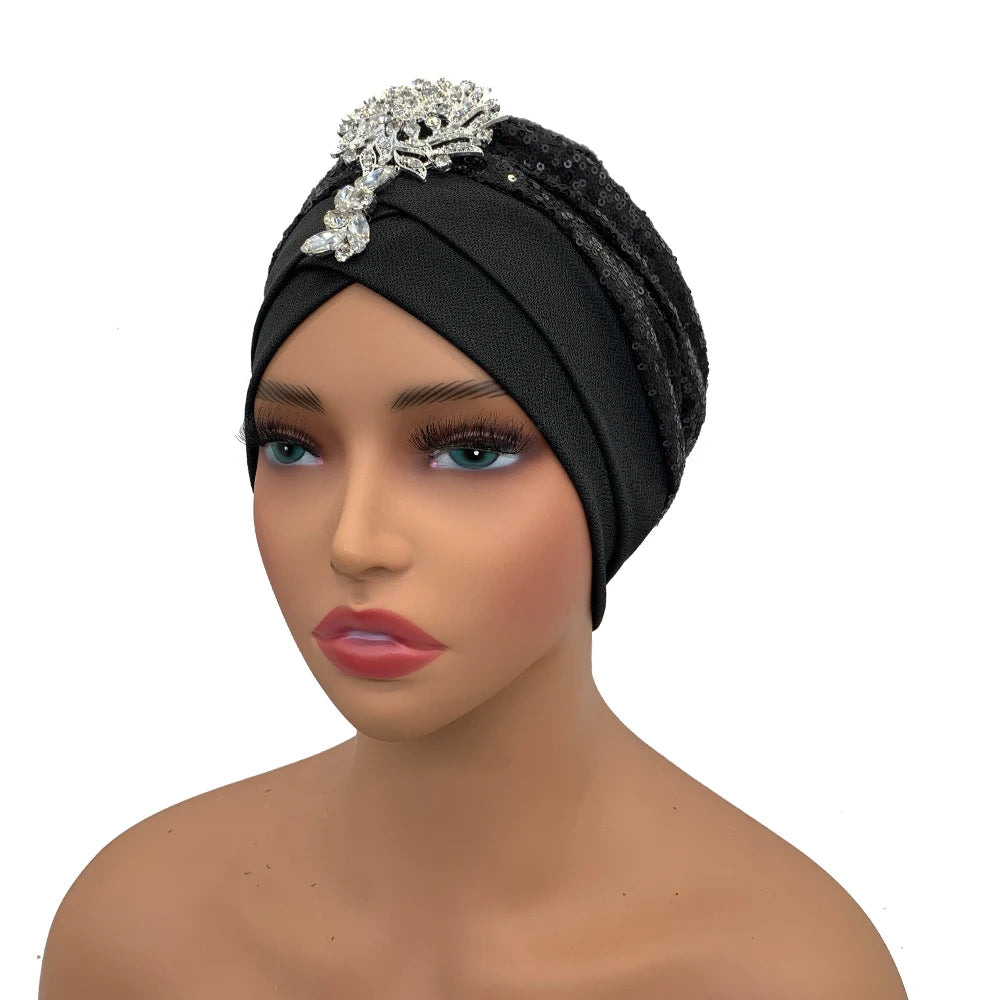 Luxury Rhinestones Turban Cap for Women Soft Comfortable Head Wraps Muslim Headscarf Bonnet  Turbante Mujer - NamafadStore