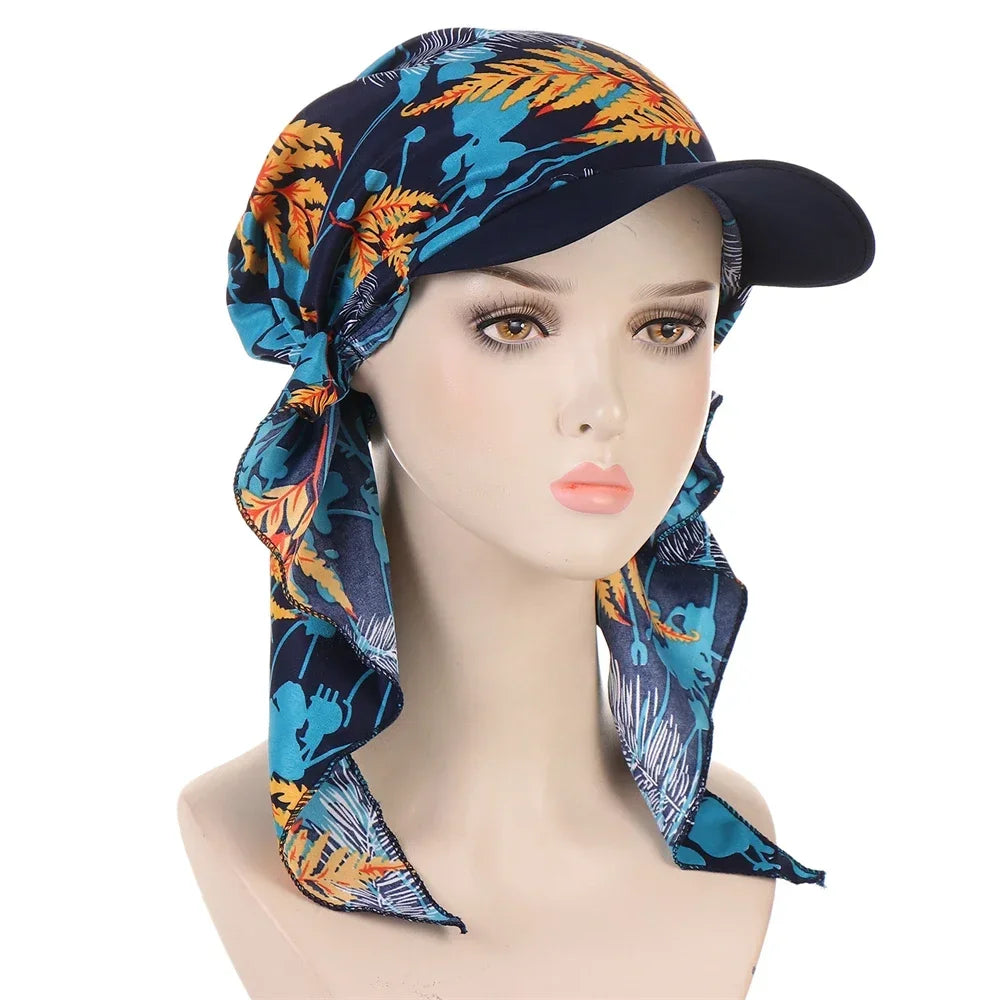 Fashion Muslim Floral Print Hijab Turban Hat for Women Visor Baseball Cap Sun Hats Headscarf Scarf Brim Femme Scarves Bandanas